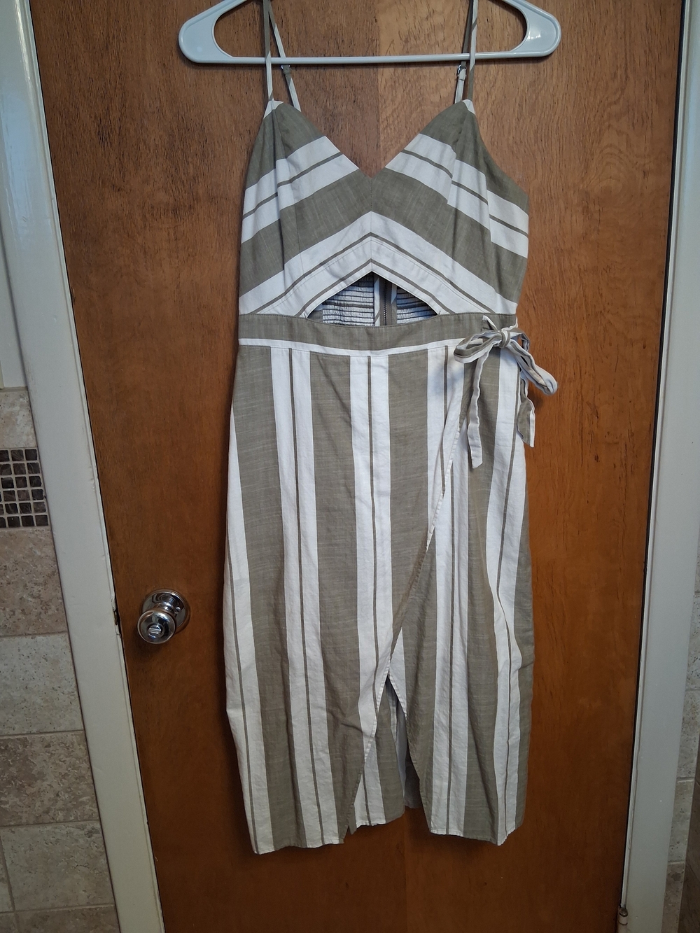 Express Olive and White Striped Midi Dress with Waist Tie